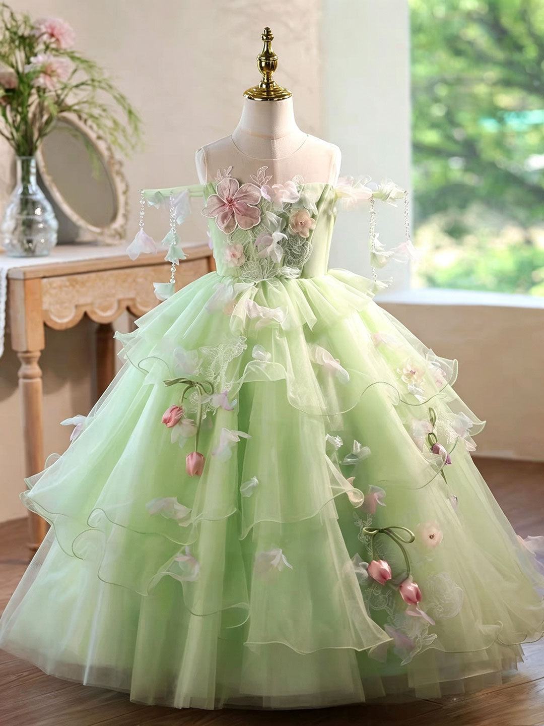 Luxury Sage Green Flower Girl Dress with Floral Layered Tulle D343 Sage Green / child-12