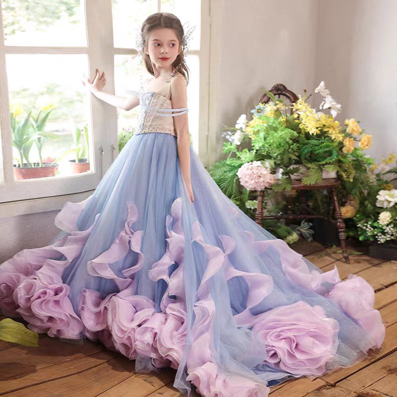 Luxury Flower Girl Dress Kids Wedding Pageant Party Long Train J025, Blue / child-4 Luxury Flower Girl Dress Kids Wedding Pageant Party Long Train J025, Blue / child-4