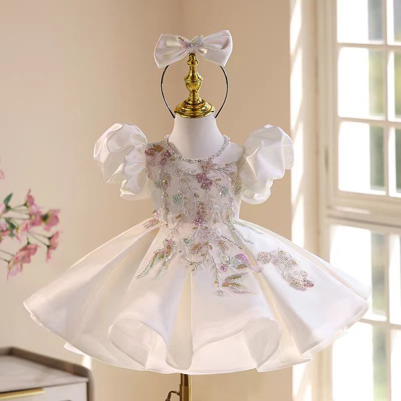 White Beaded Flower Girl Dress Knee Length Party Gown J543  DreamyVow