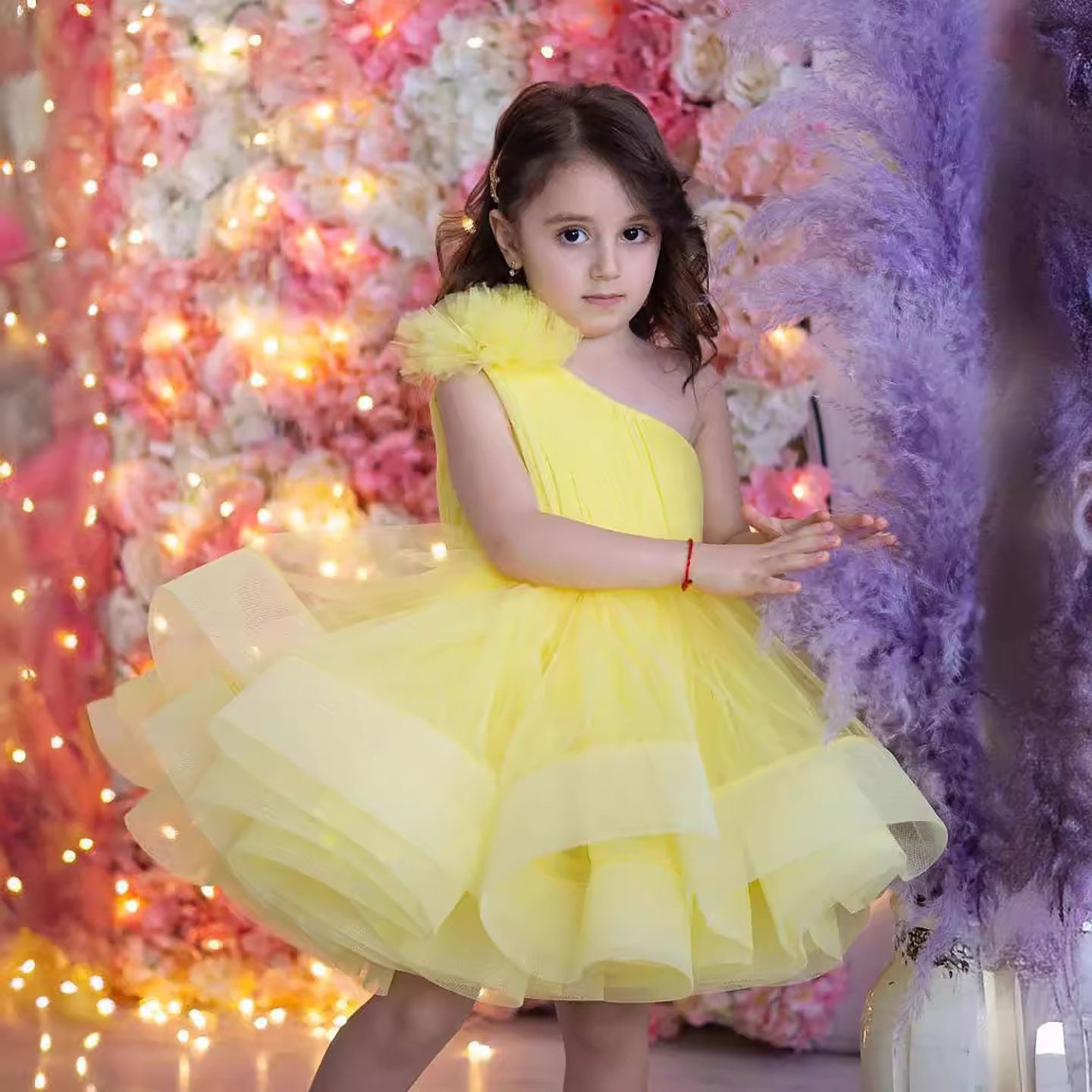 One-Shoulder Yellow Tulle Flower Girl Dress Dresses D055 – DreamyVow