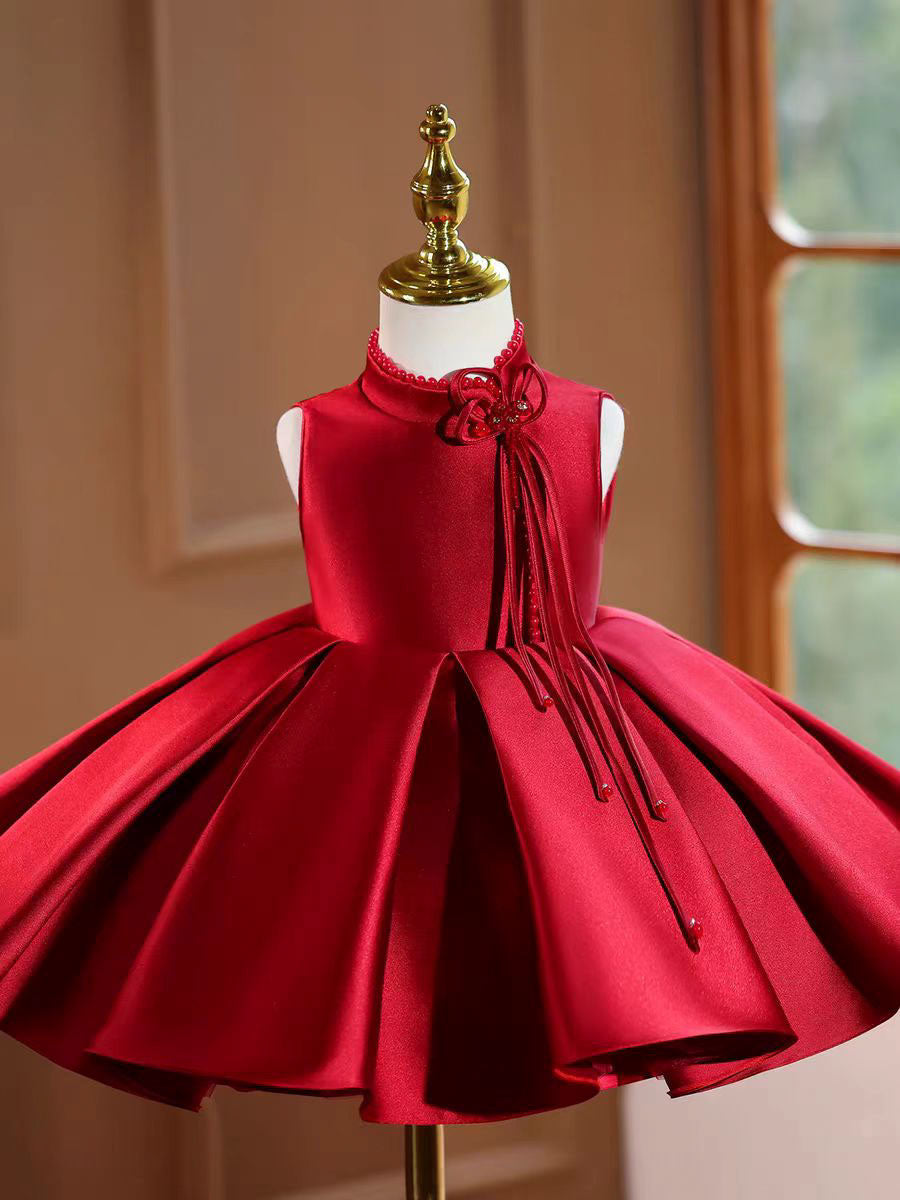 Satin Flower Girl Dress Toddler Princess 1st Birthday Party Gown D150 Burgundy / child-12