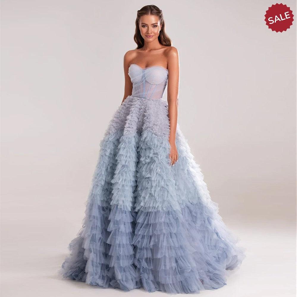 Chic Blue Ombre Tiered Ruffles Evening Dresses 2023 Luxury Dubai