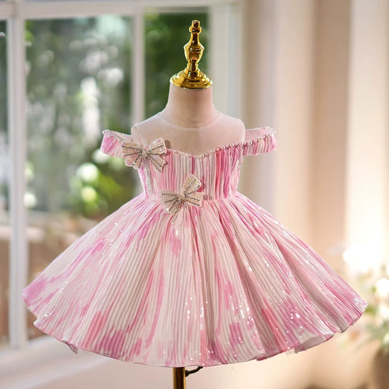 Blue Girls Dress Pleated Fabric for Pageant Birthday Party J432