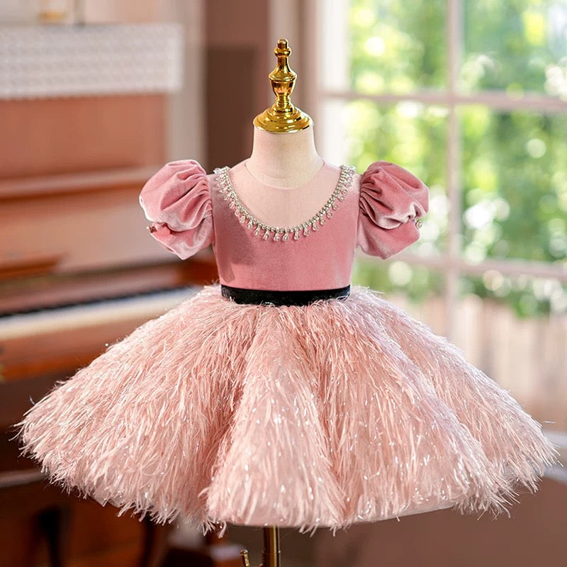 Blush Pink Girl Dress Velvet Bodice for Pageant Birthday Party J419 Blush Pink Girl Dress Velvet Bodice for Pageant Birthday Party J419