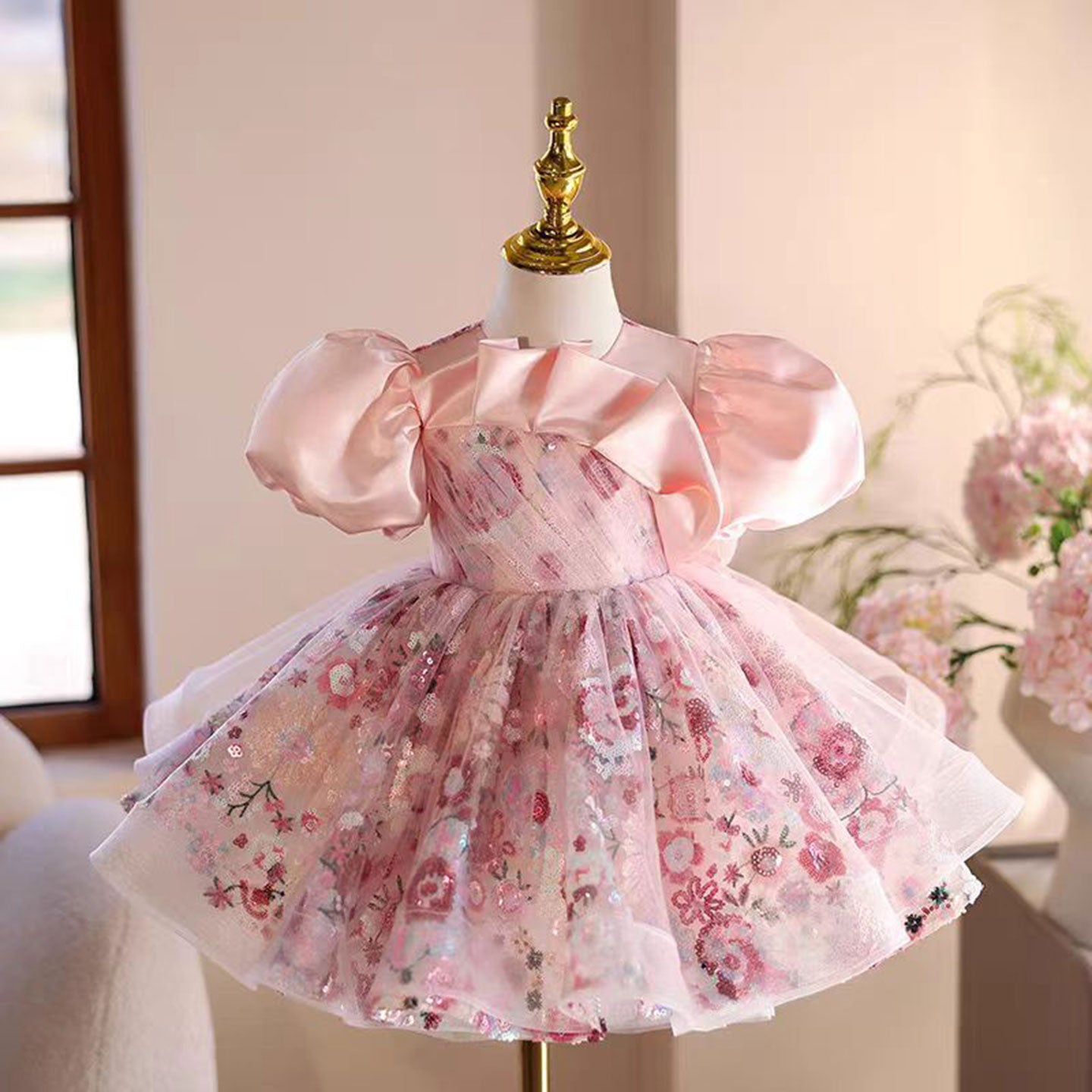 Floral Pink Girl Dress Tulle Princess Toddler Kids 1st Birthday Party