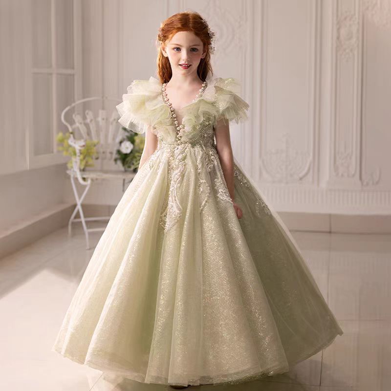 Luxury Sage Green Girl Dress Beaded for kids Birthday Pageant Party J360 Sage Green / child-6 Luxury Sage Green Girl Dress Beaded for kids Birthday Pageant Party J360 Sage Green / child-6