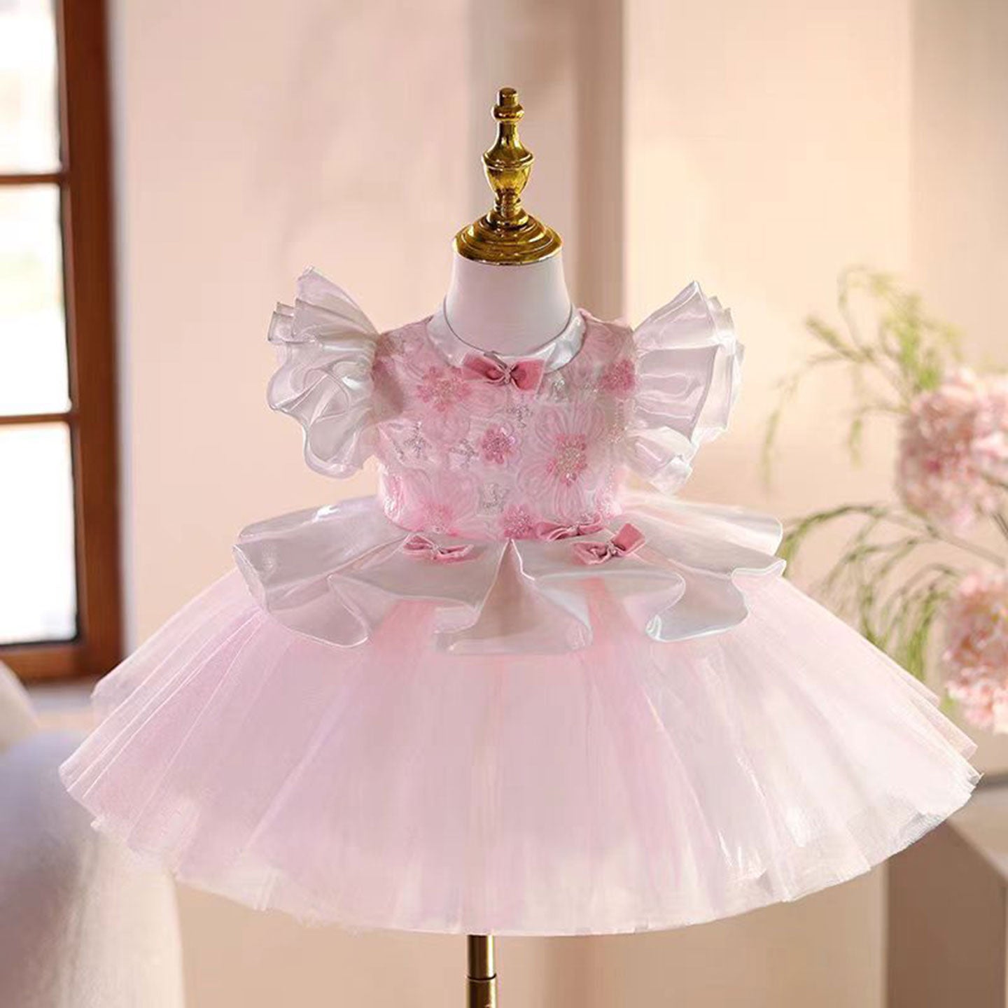 open lace back dress Pink Flower Girl Dress Toddler Kids 1st Wedding Birthday Party Ball Gown J487 Pink / Child-10