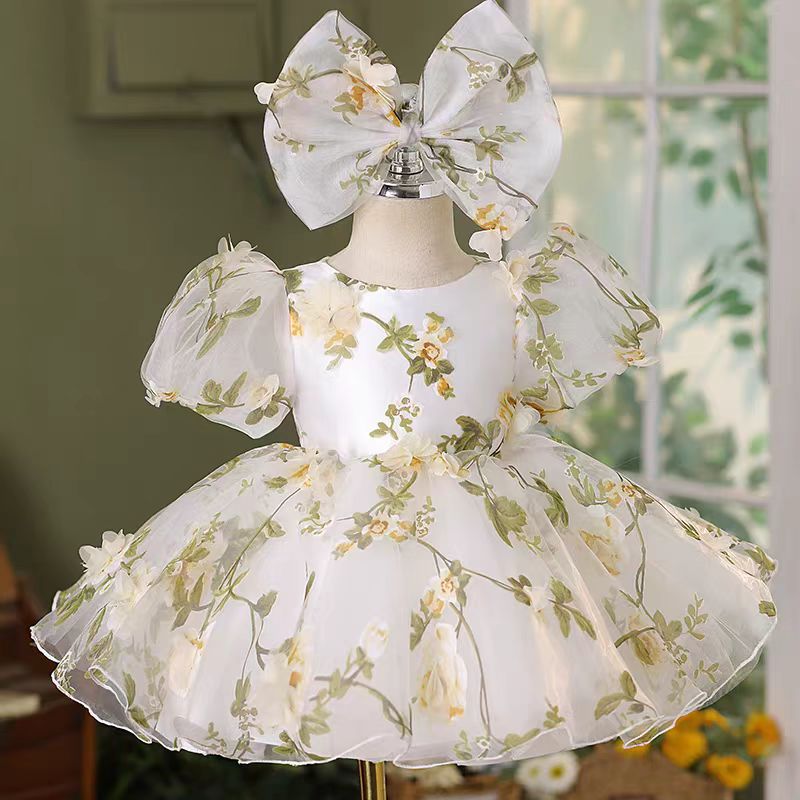 White Floral Bowed Girl Dress for Kids Birthday Party J426 Sage Green / child-3 White Floral Bowed Girl Dress for Kids Birthday Party J426 Sage Green / child-3