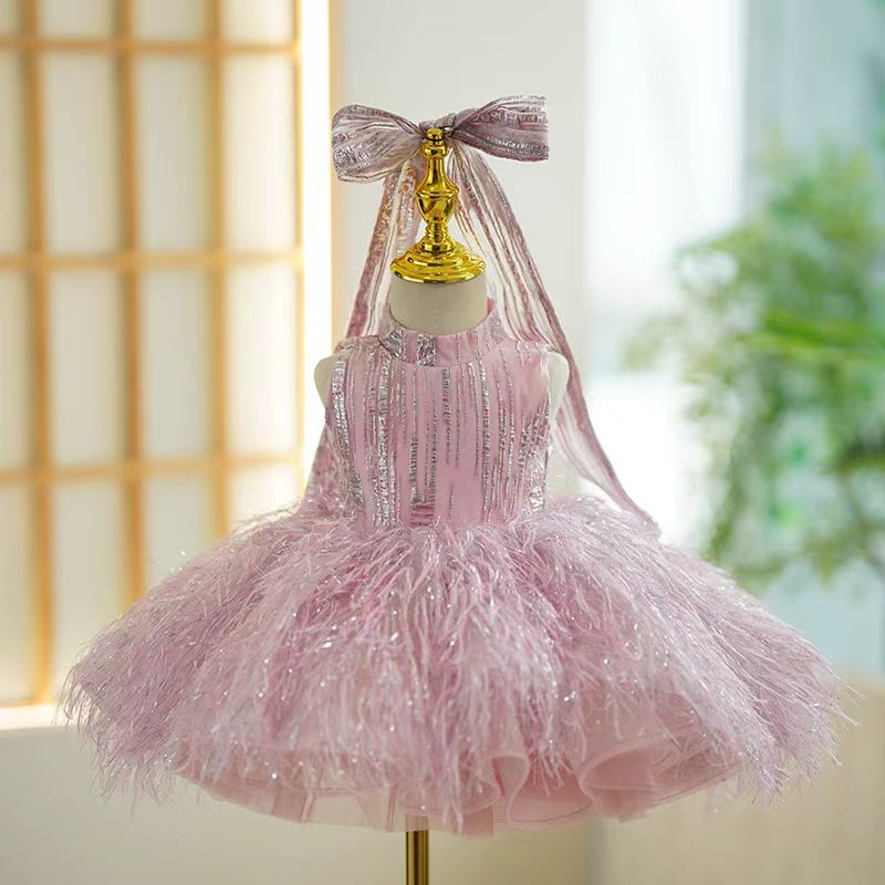 LalaMira The Luna Champagne Feather Flower Girl Dress