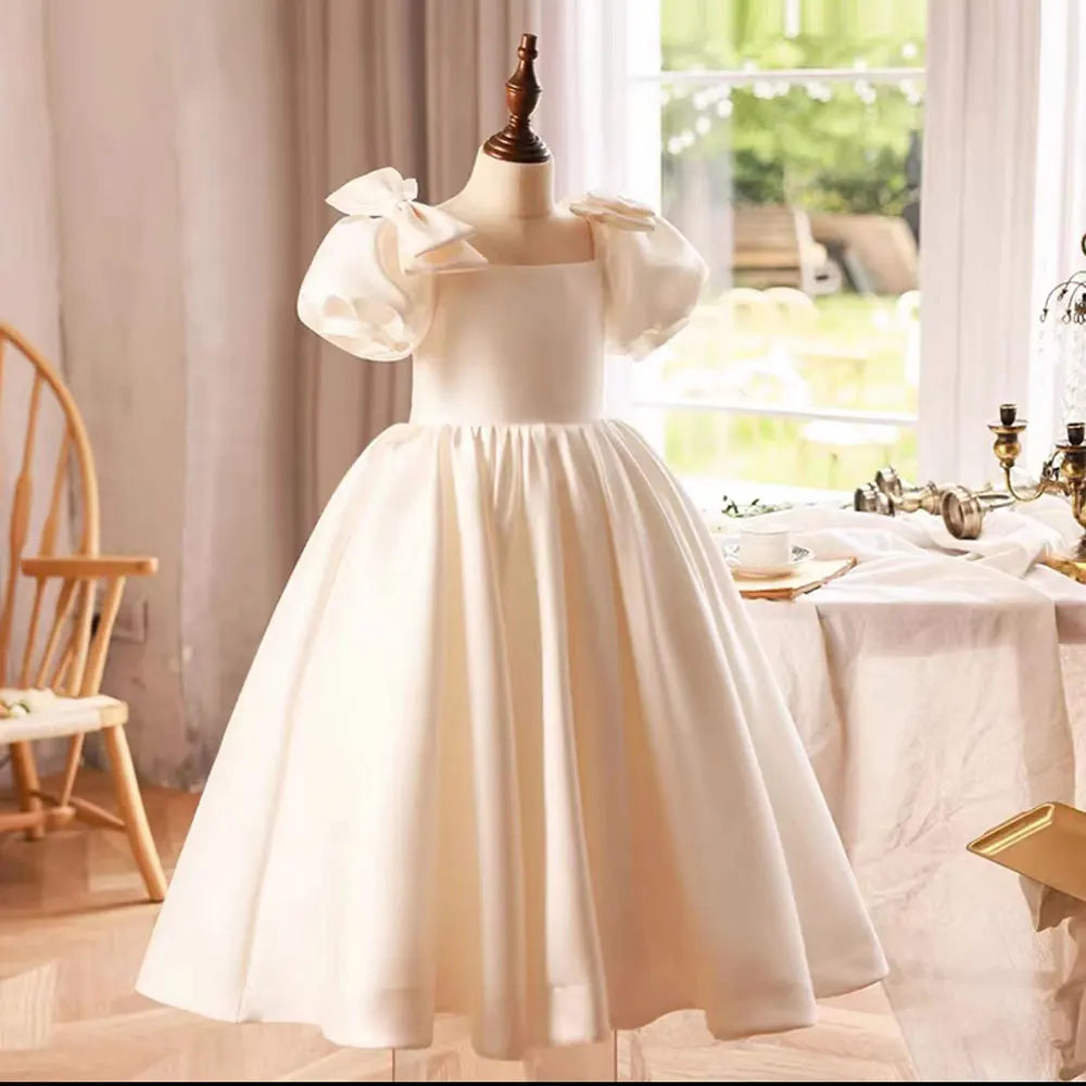 green emerald velvet dress Elegant Arabic White Flower Girl Dress Satin Princess Kids Wedding Birthday Party Prom Gown Holy Communion 2024 J240 Off White / child-8