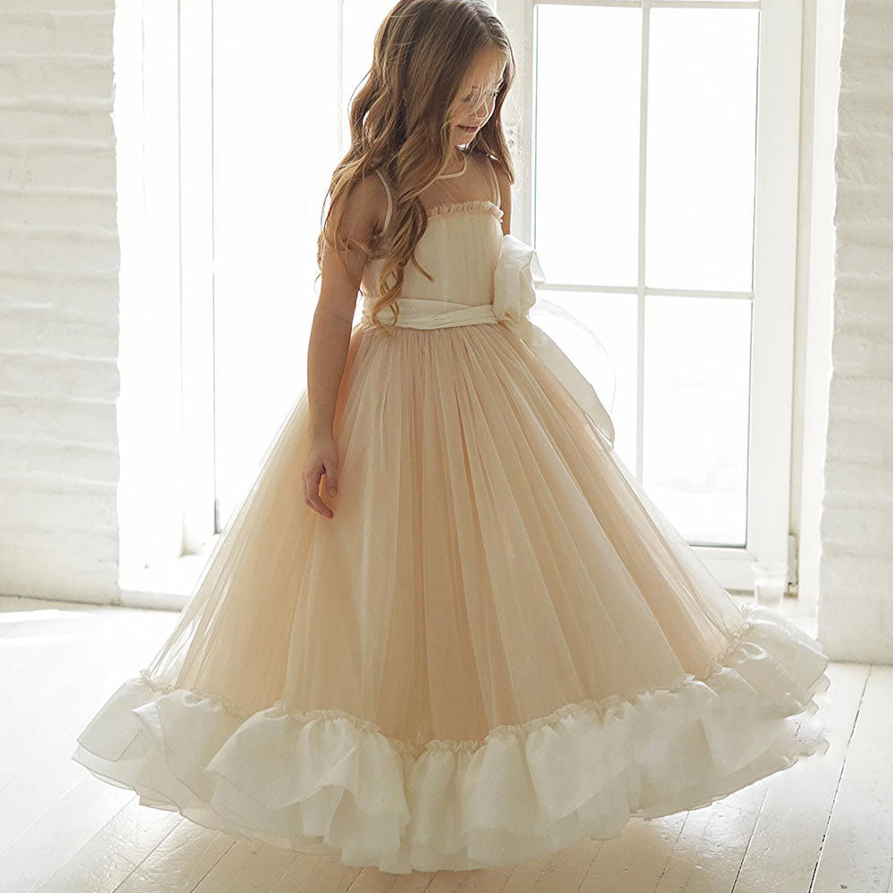 Elegant Beige Girl Dress Princess for Birthday Wedding Party J101 Beige / Child-2