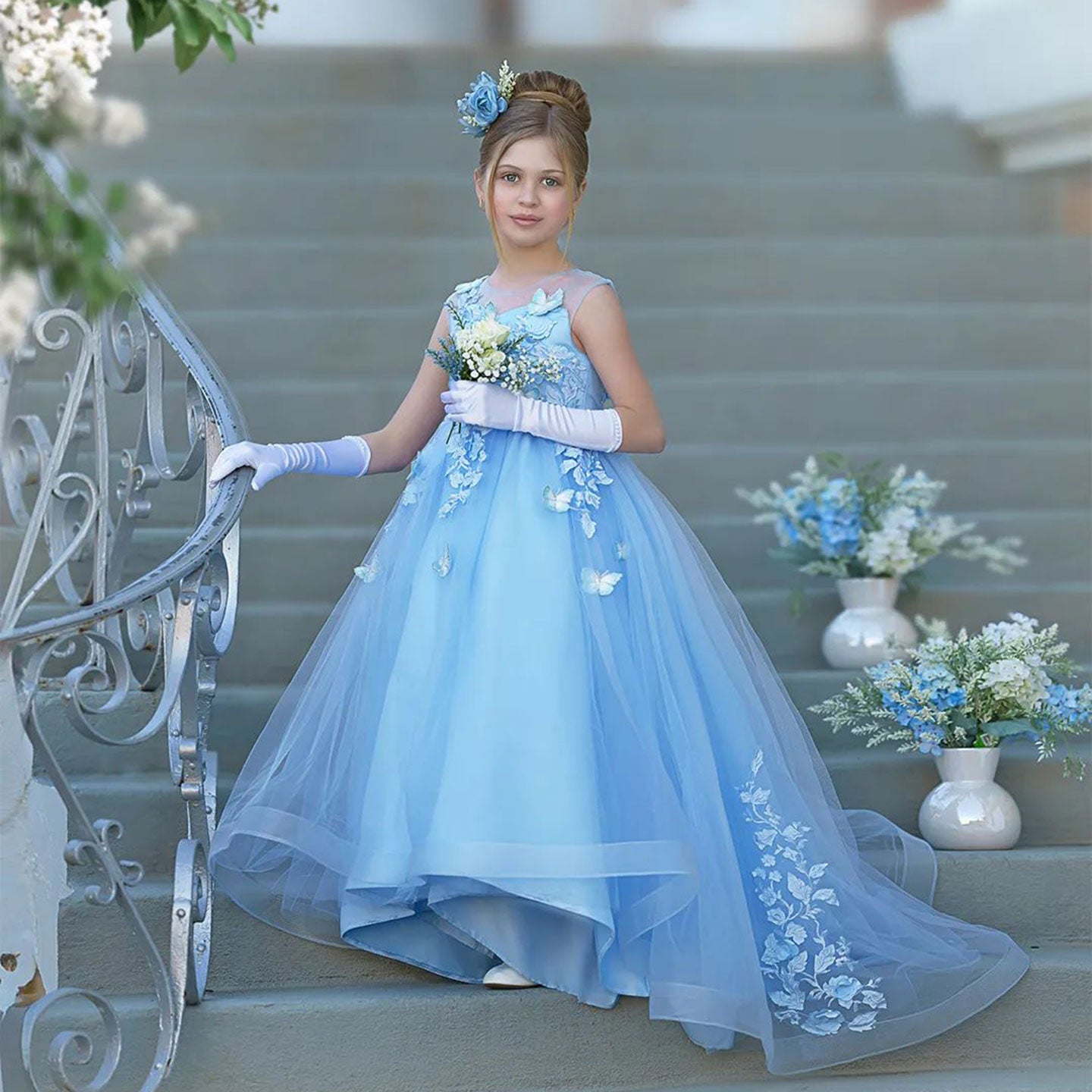 Elegant Blue Girl Dress with Butterfly for Birthday Wedding Party J021 Custom Color / child-3 Elegant Blue Girl Dress with Butterfly for Birthday Wedding Party J021 Custom Color / child-3