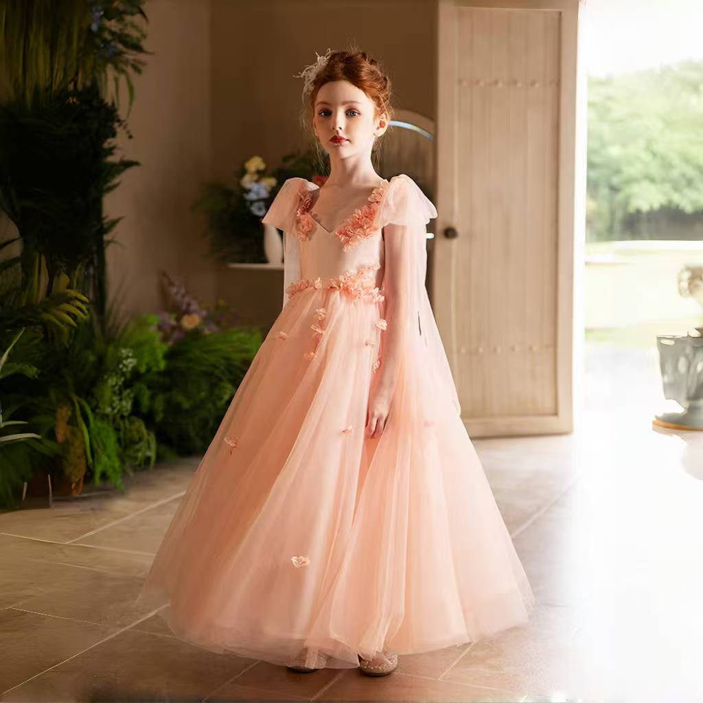 Elegant Blush Girl Dress Handmade Flower Birthday Gown J142 Pink / child-4 Elegant Blush Girl Dress Handmade Flower Birthday Gown J142 Pink / child-4
