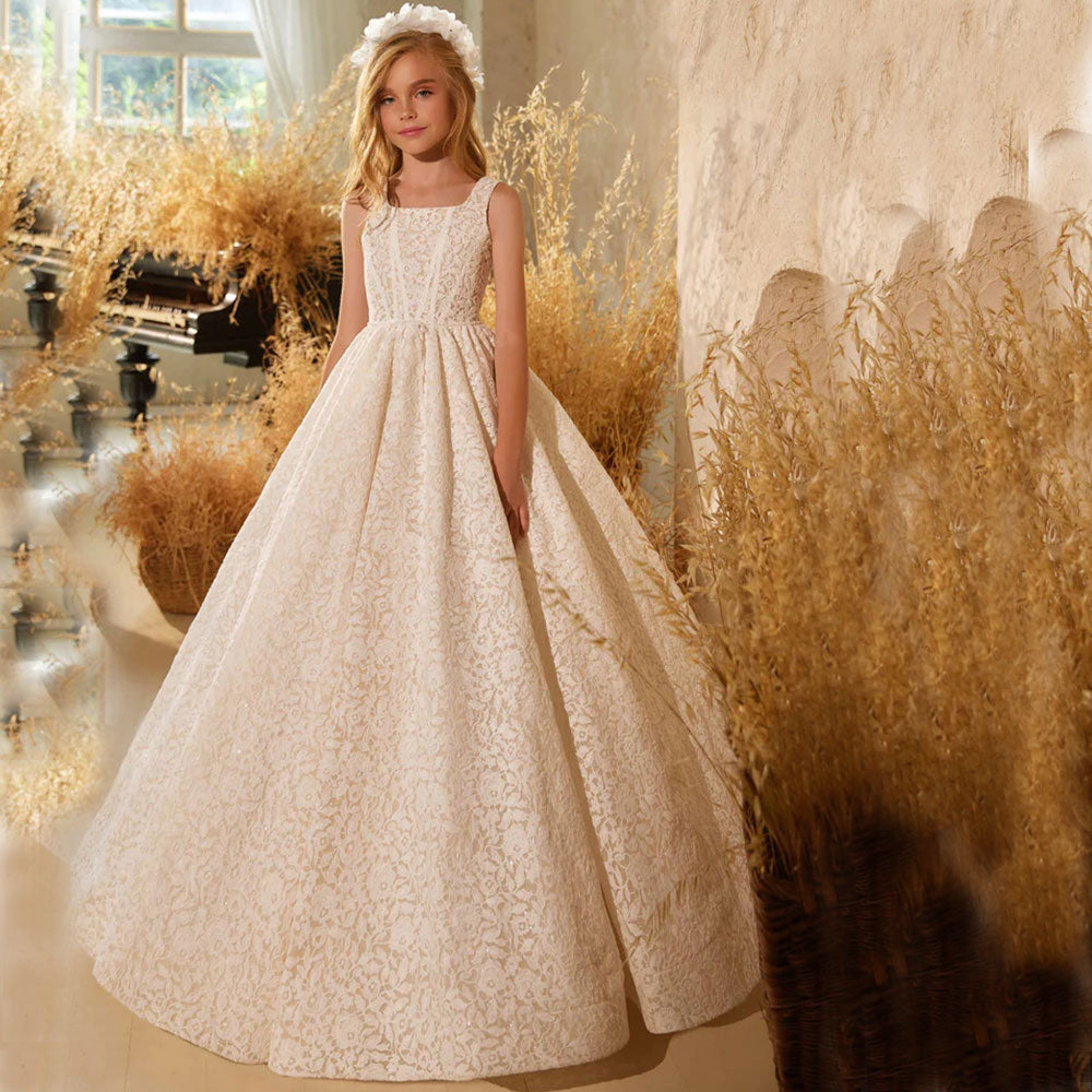 Elegant Ivory Flower Girl Dress Appliques Lace Princess Gown J261