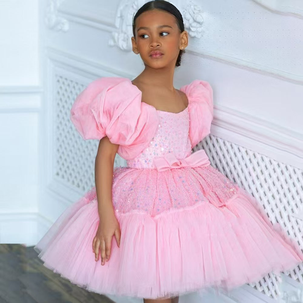 Elegant Sequins Christmas Puffy Sleeve Girl Holiday Party Dress J272 Pink / Child-6