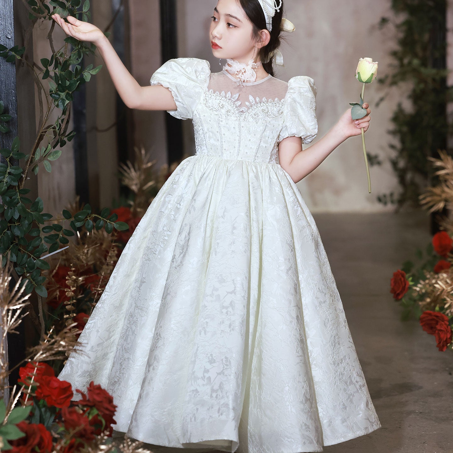Elegant White Flower Girl Dresses Luxury Beading Puff Sleeve J092 Ivory / 14(160CM) Elegant White Flower Girl Dresses Luxury Beading Puff Sleeve J092 Ivory / 14(160CM)