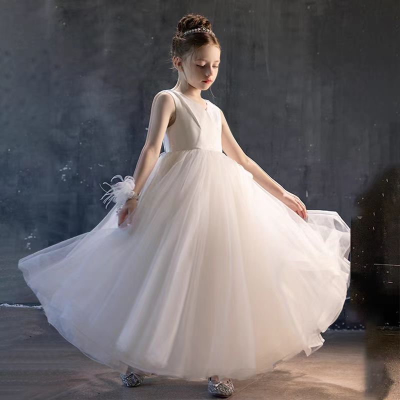Elegant White V-Neck Girl Dress A-Line Princess Birthday Gown J290 White / Child-4 Elegant White V-Neck Girl Dress A-Line Princess Birthday Gown J290 White / Child-4