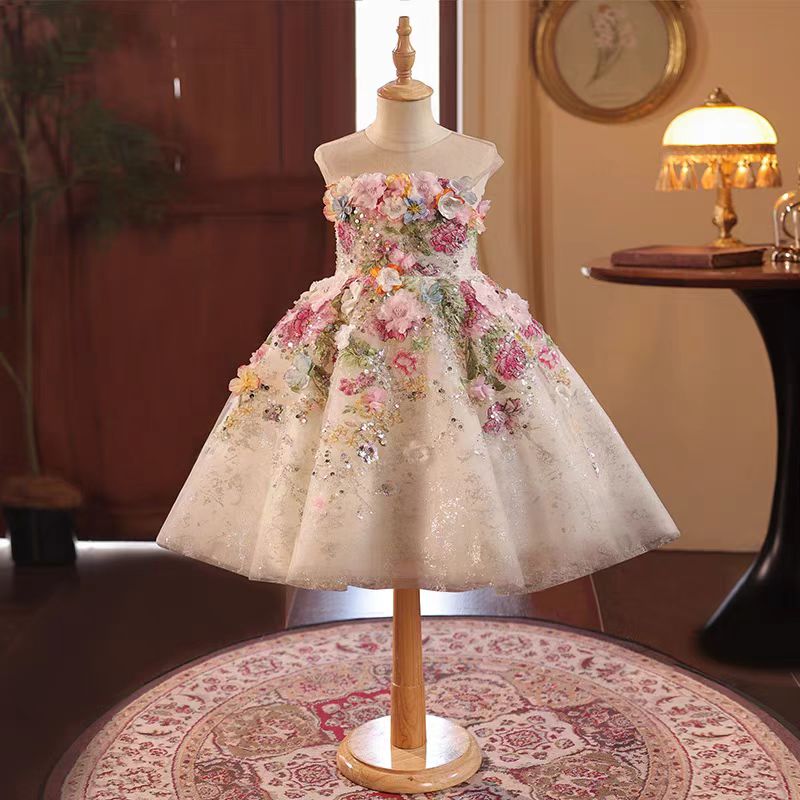 Floral Flowers Girl Dress Knee Length for 1st Birthday Party J404A Picture Color / child-12 Floral Flowers Girl Dress Knee Length for 1st Birthday Party J404A Picture Color / child-12