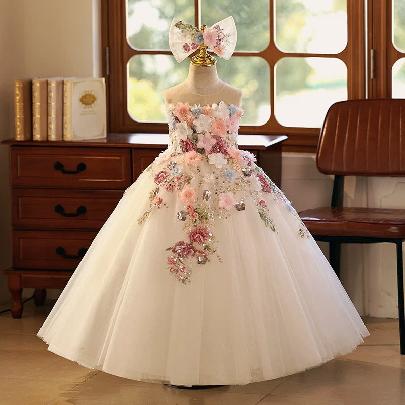Floral Luxury Long Girl Dress for Princess Birthday Pageant J292B, White / Child-8
