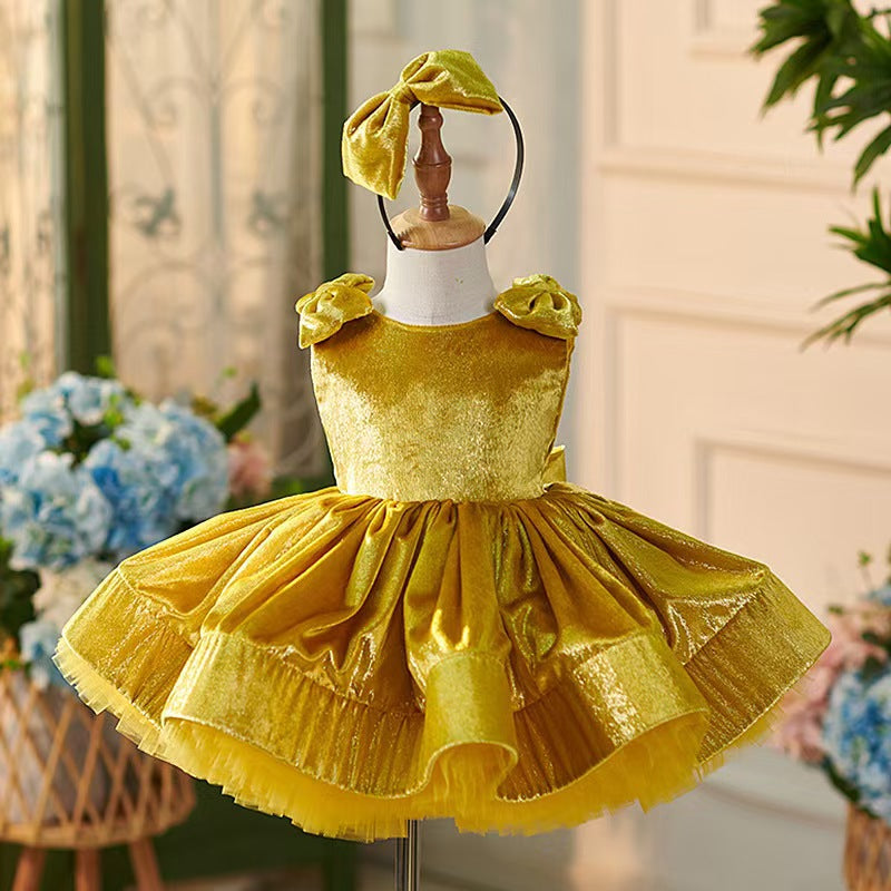 Gold Knee Length Baby 1st Birthday Girl Dress J306 DreamyVow Gold Knee Length Baby 1st Birthday Girl Dress J306 DreamyVow