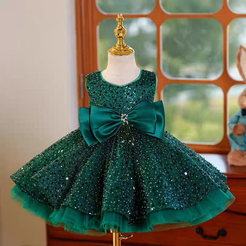 Green Sequins Toddler Knee Length 1st Birthday Party Girl Dress J353 Green B / child-10