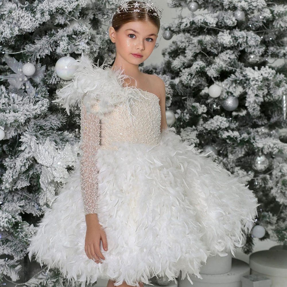 Luxury Arabic White Girl Dress Feathers Princess J394 Luxury Arabic White Girl Dress Feathers Princess J394