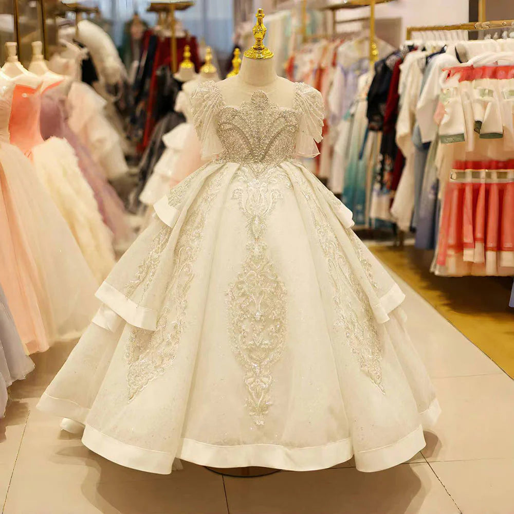 Luxury Arabic White Girl Quinceanera Dresses Beaded J095 Ivory / child-4 Luxury Arabic White Girl Quinceanera Dresses Beaded J095 Ivory / child-4