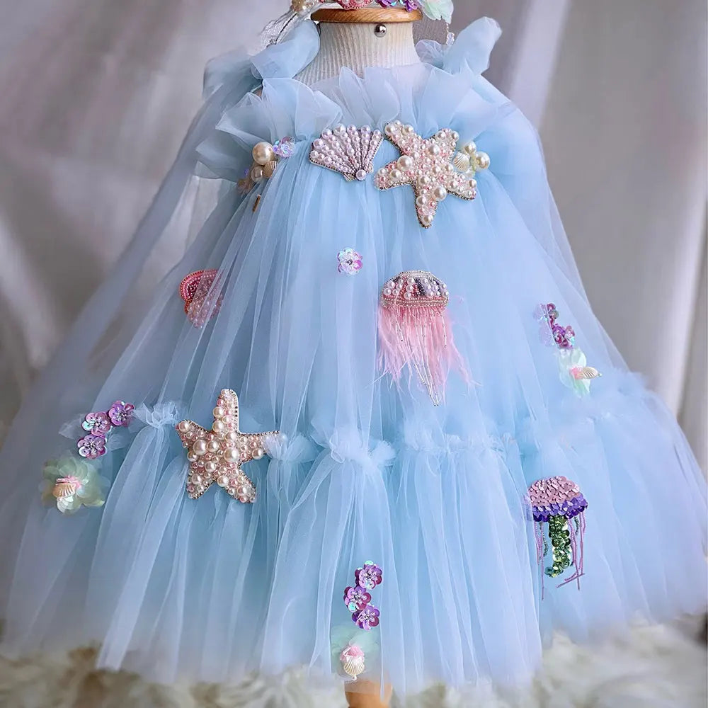 Luxury Blue Baby Flower Girl Dresses Mini Beading J038 Sky Blue / child-3 Luxury Blue Baby Flower Girl Dresses Mini Beading J038 Sky Blue / child-3