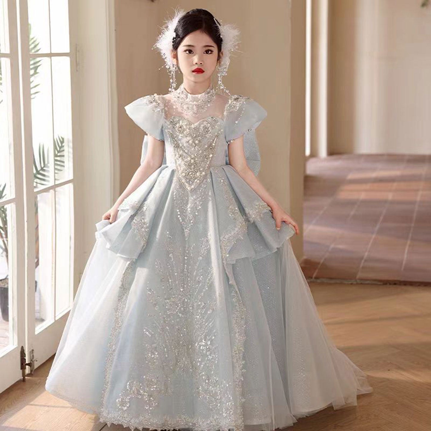 Luxury Blue Crystal Princess Party Girl Dress with Bow J333 – DreamyVow