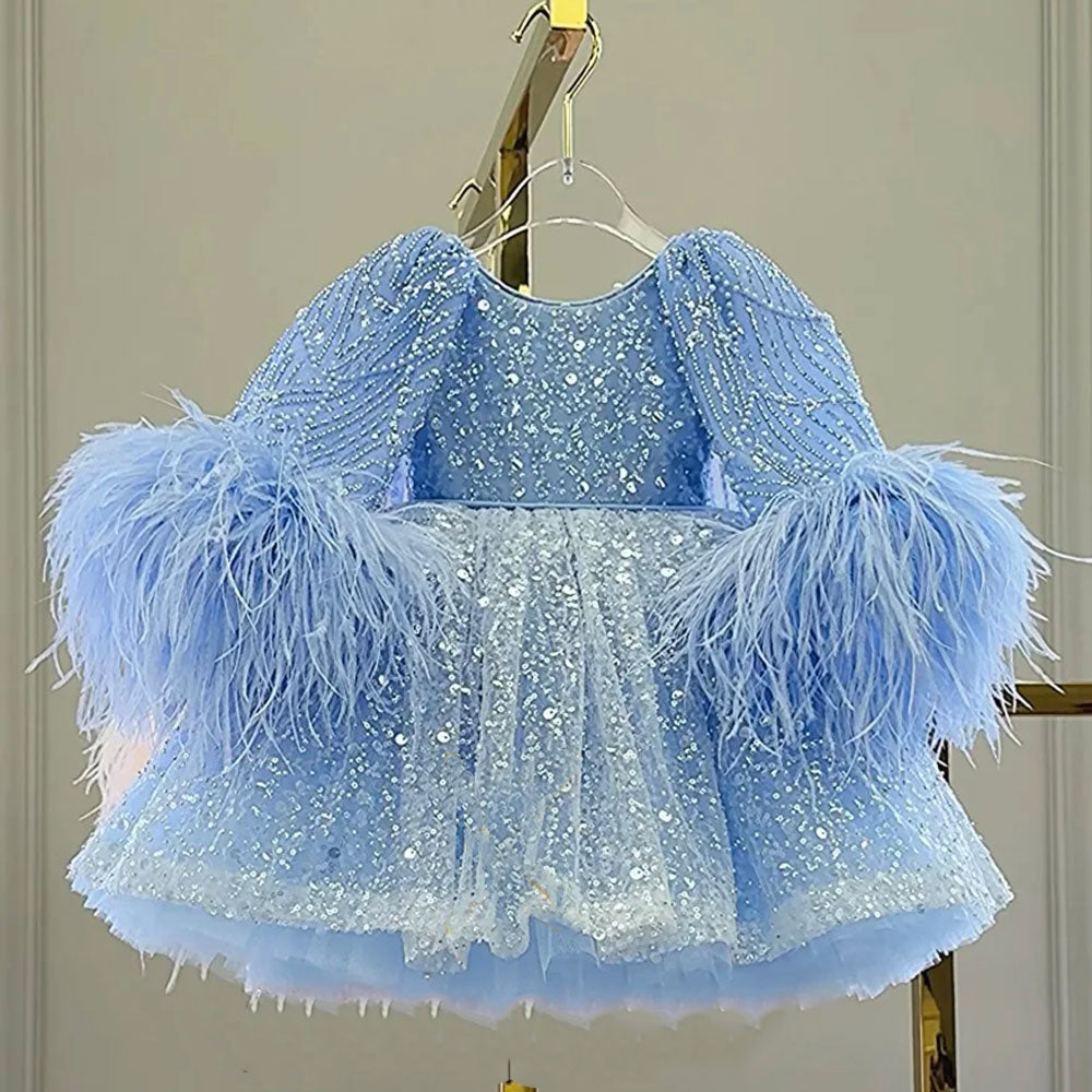 Luxury Blue Girl Dress Feathers Cap Sleeve Kid Princess J170 White / child-12 Luxury Blue Girl Dress Feathers Cap Sleeve Kid Princess J170 White / child-12