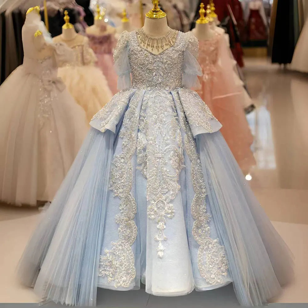 Luxury Blue Quinceanera Dresses Beaded Princess Ball Gown J079 Sky Blue / child-10 Luxury Blue Quinceanera Dresses Beaded Princess Ball Gown J079 Sky Blue / child-10