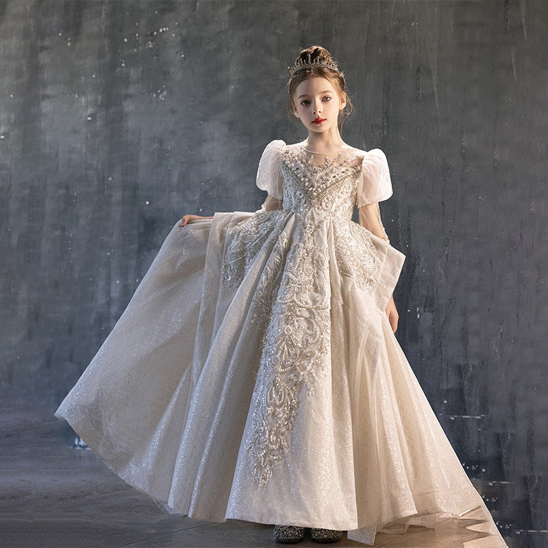 Luxury Champagne Girl Bridesmaides Dress Floor Length J185 White / child-8