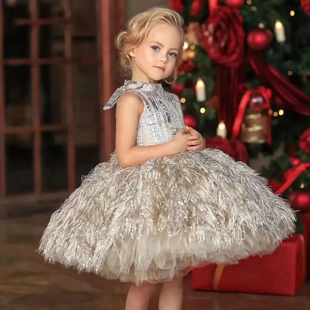 luxury designer dresses for girl child sale Luxury Champagne Girl Dress Feathers Dubai Kids Pink J323 Champagne / child-6