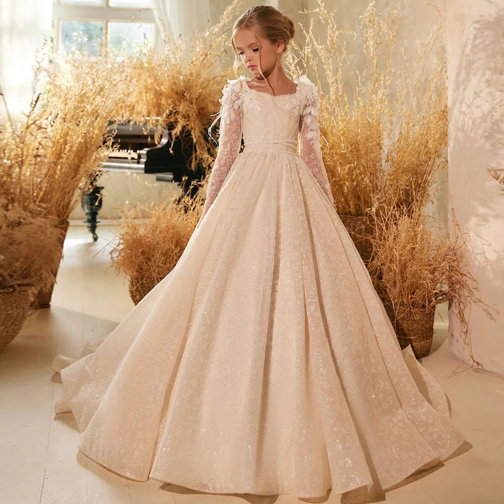 Luxury Champagne Girl Dress Feathers Lace Bow Princess Kids J260