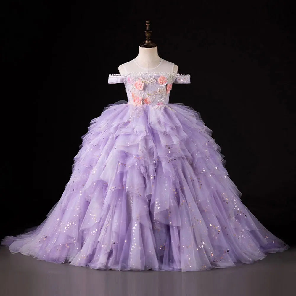 Luxury Dubai Lilac Flower Girl Dress Pearls Princess Kids J230