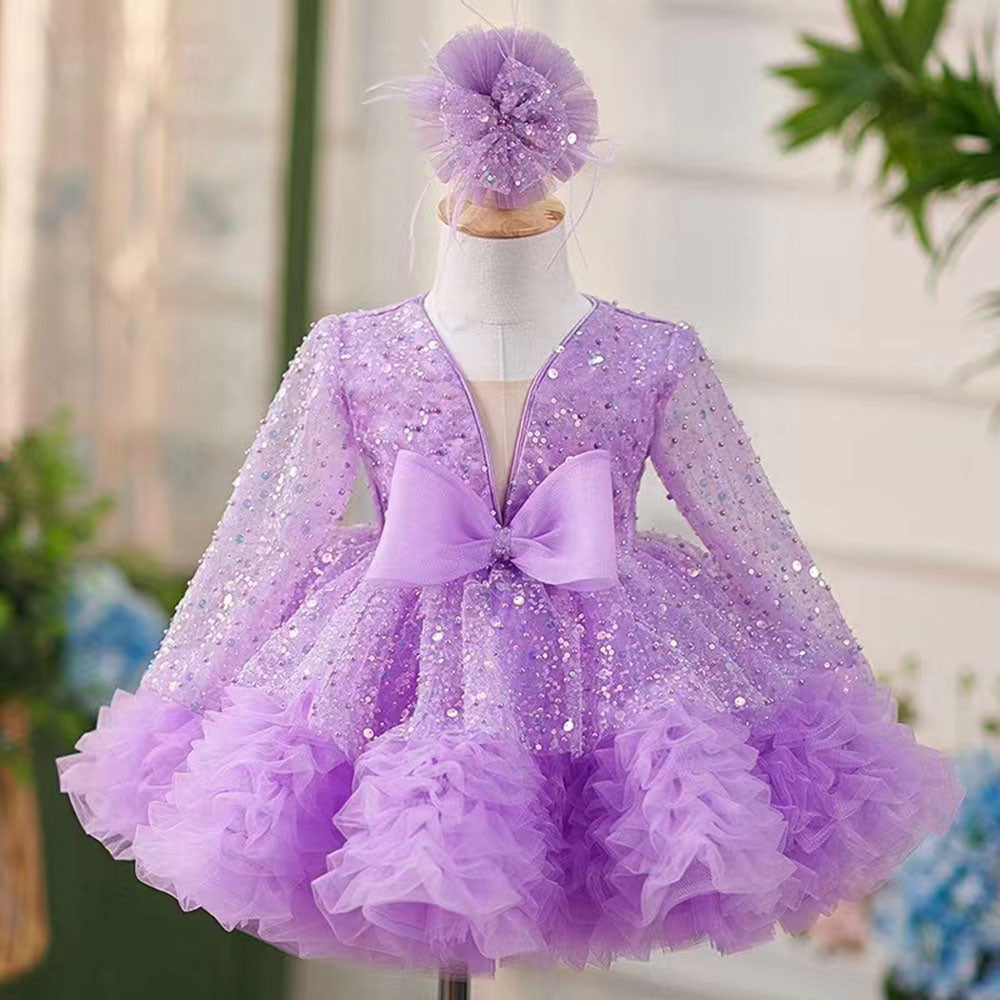 Luxury Girl Dress Sequined for Baby Kids Birthday Wedding Party J152 Lilac / Child-6