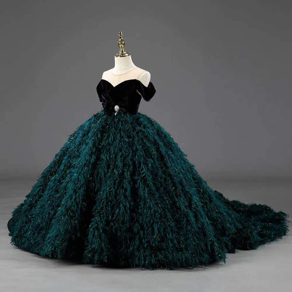 green emerald velvet dress Luxury Green Flower Girl Dresses Feathers Ball Gown for Princess J007 Green / 6(120CM)