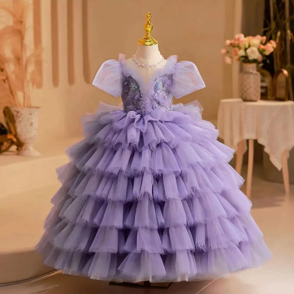 open lace back dress Luxury Lilac Girl Dress Beading Arabic Princess Kids Wedding Birthday Party Ball Gown Holy CommunionJ244 Lilac / Child-14