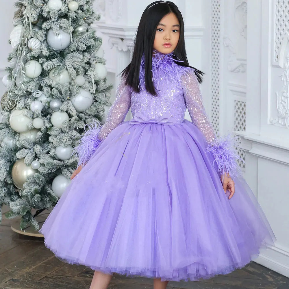 Evening Gown Princess Long Sleeve Dress Luxury Lilac Girl Dress