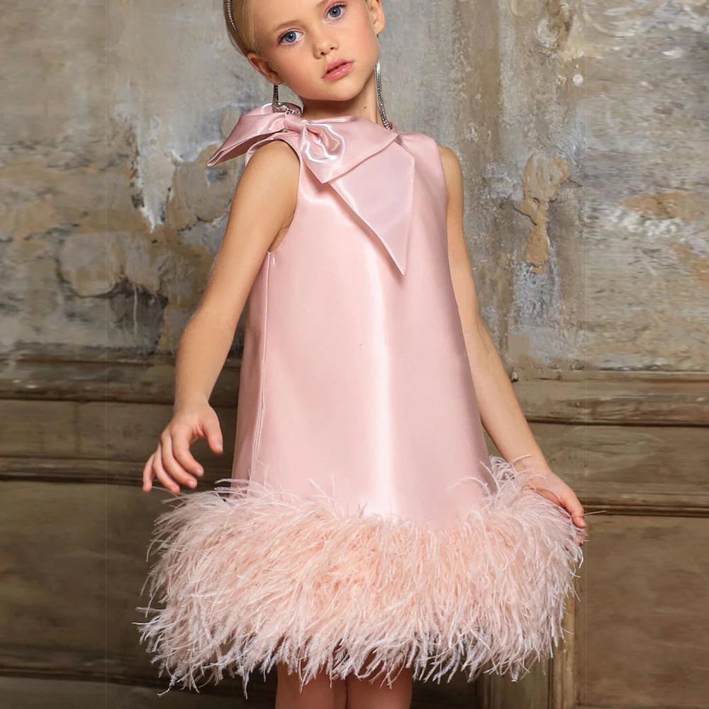 Luxury Mini Arabic Pink Flower Girl Dress Ostrich Feathers Bow J117