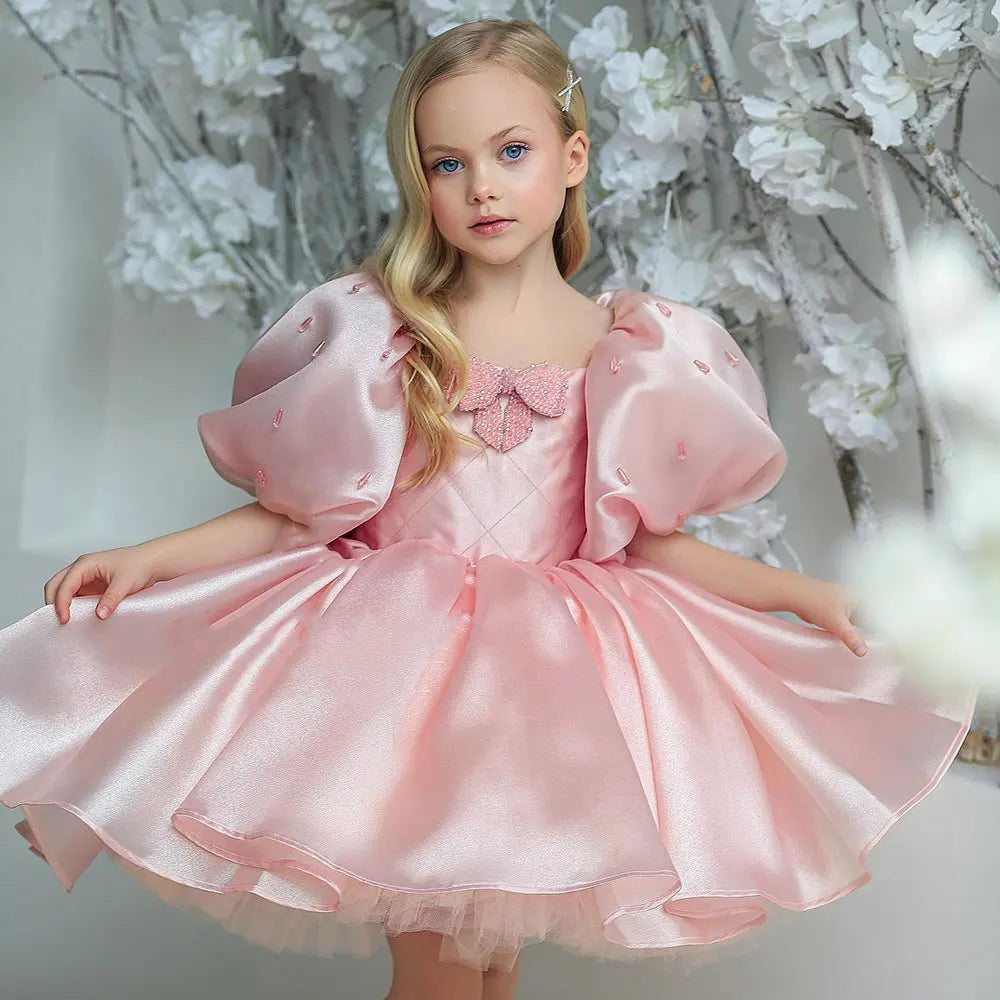Luxury Pink Girl Dress Beaded Puffy Sleeve Bow Dubai Princess M032