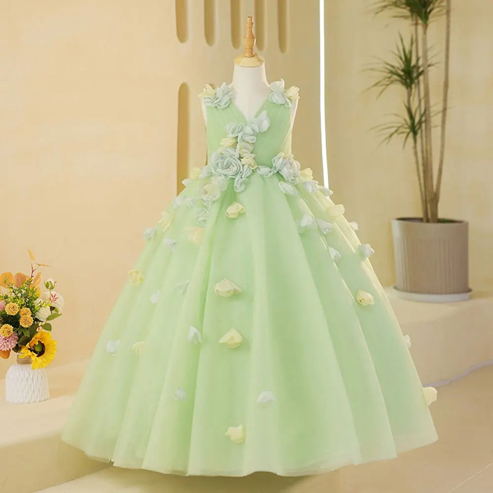 Luxury Sage Green Girl Dresses with Flowers Princess Gown J059