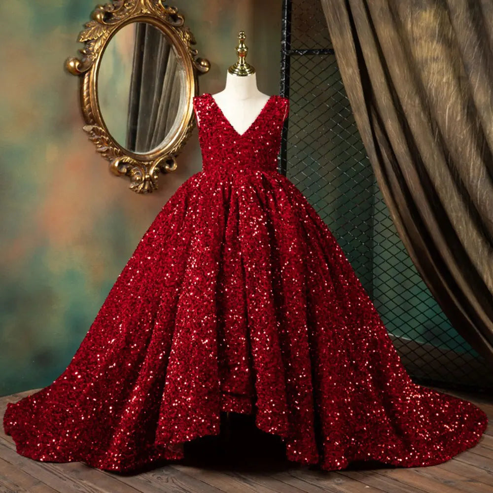 Red Princess Red Gown For Wedding Party Luxury Shiny Dubai V-Neck