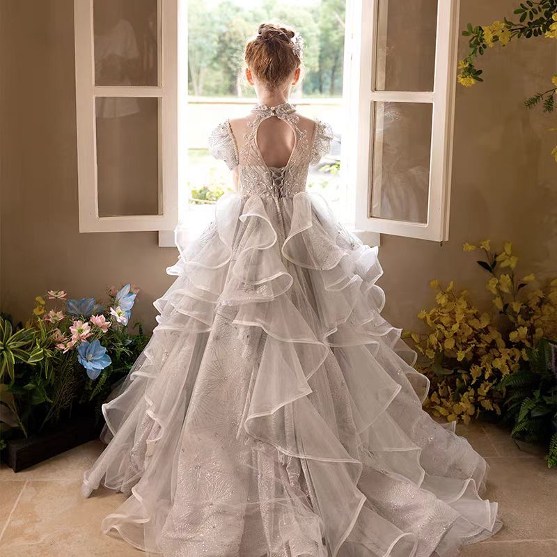 Luxury Silver Girl Dress Beaded Court Train Princess Gown J300 Silver / child-3 Luxury Silver Girl Dress Beaded Court Train Princess Gown J300 Silver / child-3