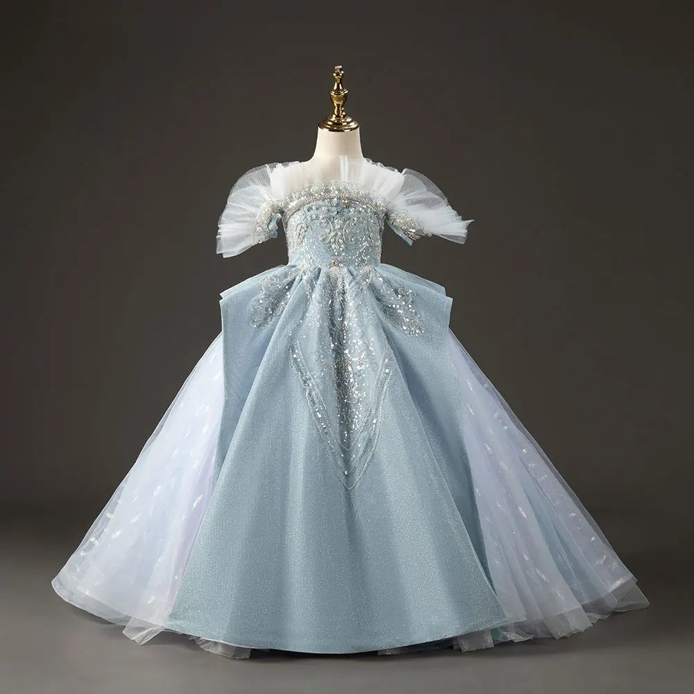 Luxury Sky Blue Flower Girl Dresses with Pearls Beading Princess J014 DreamyVow Luxury Sky Blue Flower Girl Dresses with Pearls Beading Princess J014 DreamyVow