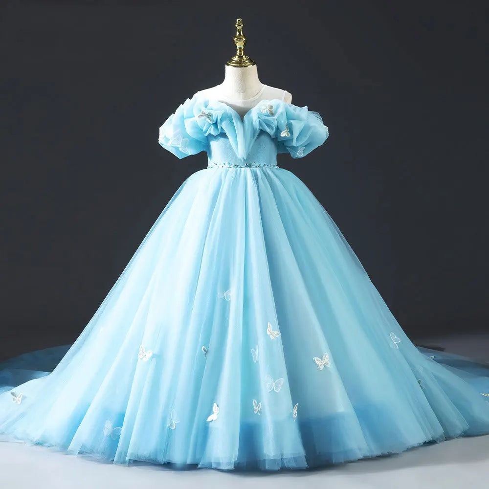 blue princess dress girl Girl Princess Dress Children Elegant Blue Sequins Trailing Birthday Party Communion Dress, Blue / 5-6 Years (130cm)