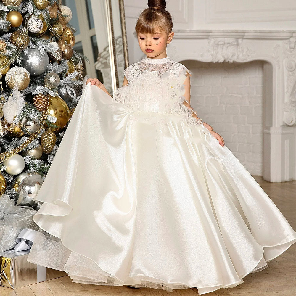 Luxury White Girl Dress Beads Feathers Kids for First Communion J398 White / Child-12 Luxury White Girl Dress Beads Feathers Kids for First Communion J398 White / Child-12