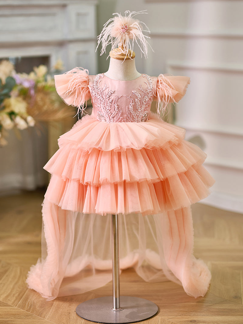 Pink Baby Puffy Sleeve Beads Knee Length Birthday Girl Dress J045, Pink / child-12 Pink Baby Puffy Sleeve Beads Knee Length Birthday Girl Dress J045, Pink / child-12