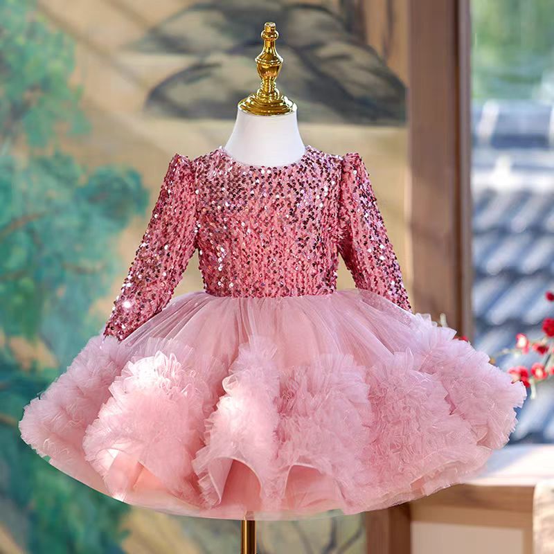 Long Sleeve Sequins Knee Length 1st Birthday Girl Dress J359