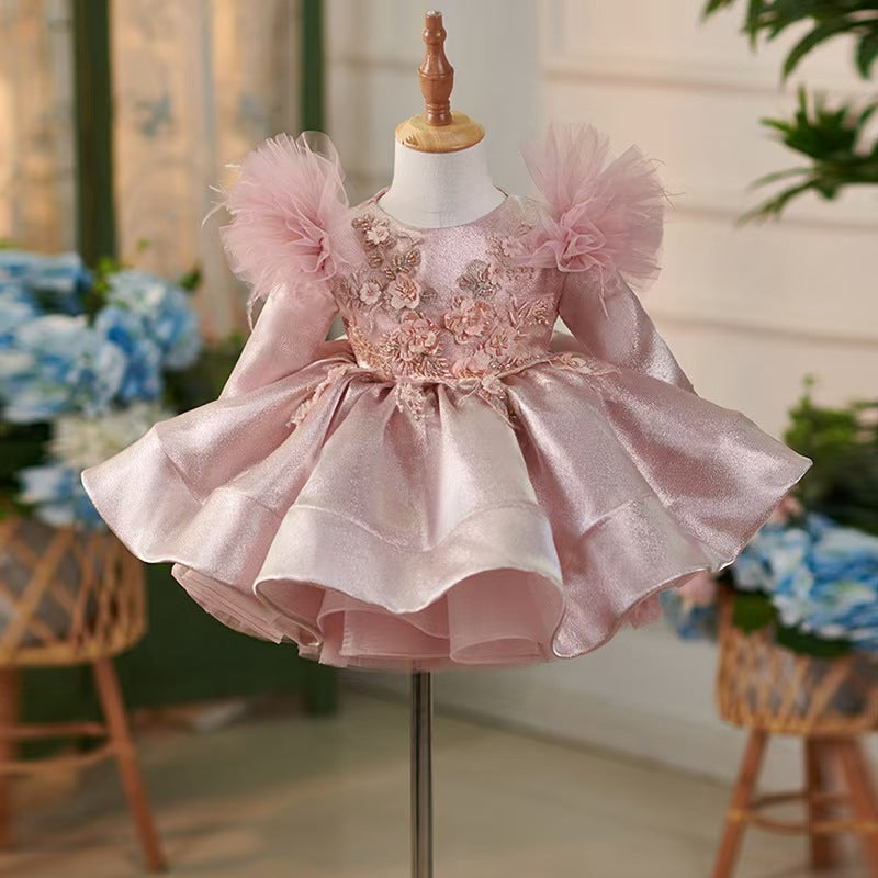 Pink Satin Knee Length Long Sleeve 1st Birhhday Girl Dress J311, Pink / 12M(80cm)